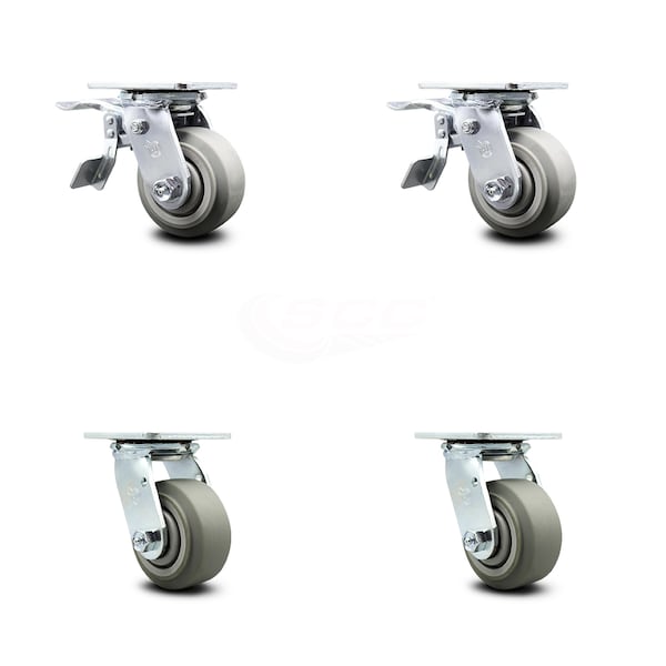 4 Inch Thermoplastic Rubber Caster Set with Ball Bearing 2 Total Lock Brake SCC